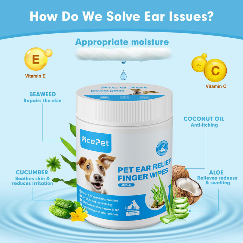 PICE PET Seaweed Ear Cleaner Wipes for Dogs & Cats - Gentle finger wipes for cleaning earwax and dirt - Relieves itching and inflammation - Fragrance-free, hypoallergenic and deodorizing - BeesActive Australia