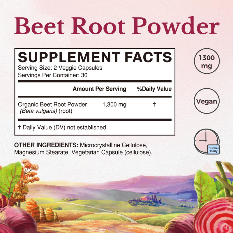 Vitalitown Beet Root Capsules 1300 mg with Organic Beet Root, Natural Nitric Oxide Booster, Superfood for Healthy Heart & Energy Levels, High Potency Supplement, 60 Vegan Capsules, Non-GMO