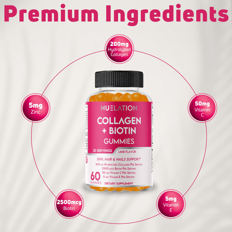 Collagen Gummies with Biotin 2500mcg - Hair Skin Nails & Joint Support - 60 Count (30 Servings) - Hydrolyzed Bovine Collagen with Vitamin C, E & Zinc - Gluten Free, Non-GMO - for Women & Men