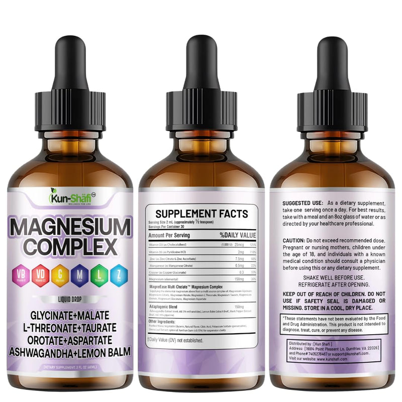 Magnesium Complex Liquid Drops – High Absorption Magnesium Glycinate, Malate, L-Threonate, Taurate with Ashwagandha & Lemon Balm – Vitamin C B1 B2 B6 B12 Complex – 2 Fl Oz(60 ml)