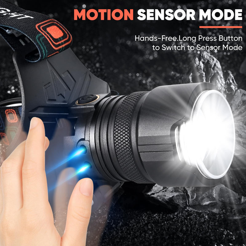 Headlamp Rechargeable,Super Bright Led Head Lamp With Motion Sensor,10 Modes,125°Adjustable Head Lights for Forehead,Waterproof Head Flashlight for Adults,Bike,Camping,Zoomable Headband Light