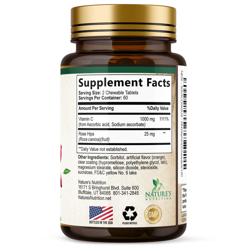 Vitamin C 1000mg Chewable - Sugar Free, Natural Immune Support Supplement with Vitamin C & Rose Hips Bioflavonoids - Extra Strength Antioxidant, Powerful Vit C Chews, Tasty Orange Flavor, 120 Tablets 120 Count (Pack of 1)