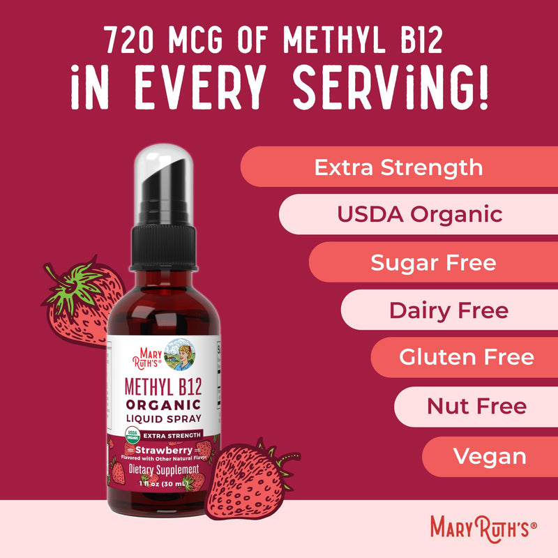 MARYRUTH'S Vitamin B12 Liquid Spray | Vegan, Non-GMO, Gluten-Free | USDA Organic Supplement | Energy & Nervous System Support | B12 Vitamins for Women & Men | 720 mcg | 1 Fl Oz Strawberry 1 Fl Oz (Pack of 1)