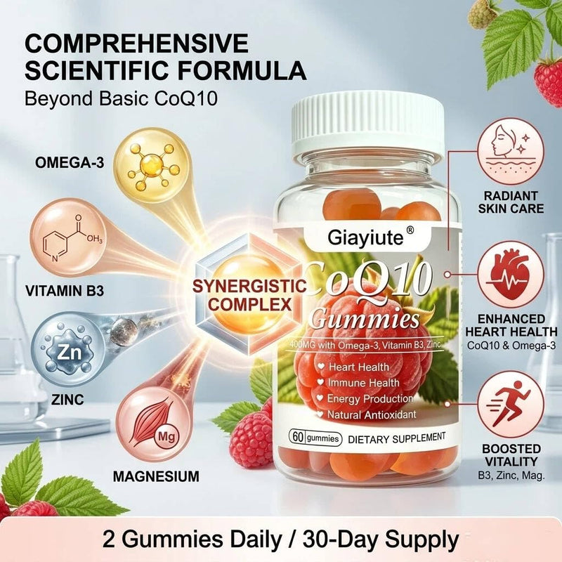 CoQ10 400mg Gummies with Omega-3 EPA DHA, Magnesium, Vitamin B3 & Zinc, Support Energy Production & Immune Function, Zero Added Sugar Vegan Chewable Coenzyme Q10 for Adults, 60 Count