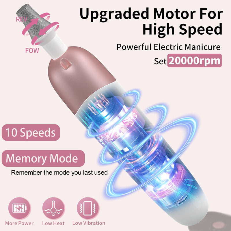Cordless Electric Nail File Set, Professional Manicure Pedicure Kit with Memory Modes, 10 Speed Portable Nail Drill Machine, Pedicure Tools for feet, Hand Foot Care Tool for Thick Nail Toenail Cuticle Pink
