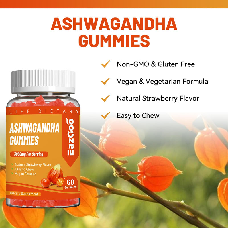 3000mg Ashwagandha Gummies,Calm &Stress Relief,Energy Booster,60ct | Ashwagandha Root Extract for Men and Women,with L-Theanine,Vitamin D3, Sugar-Free,Vegan 60 Count (Pack of 1)