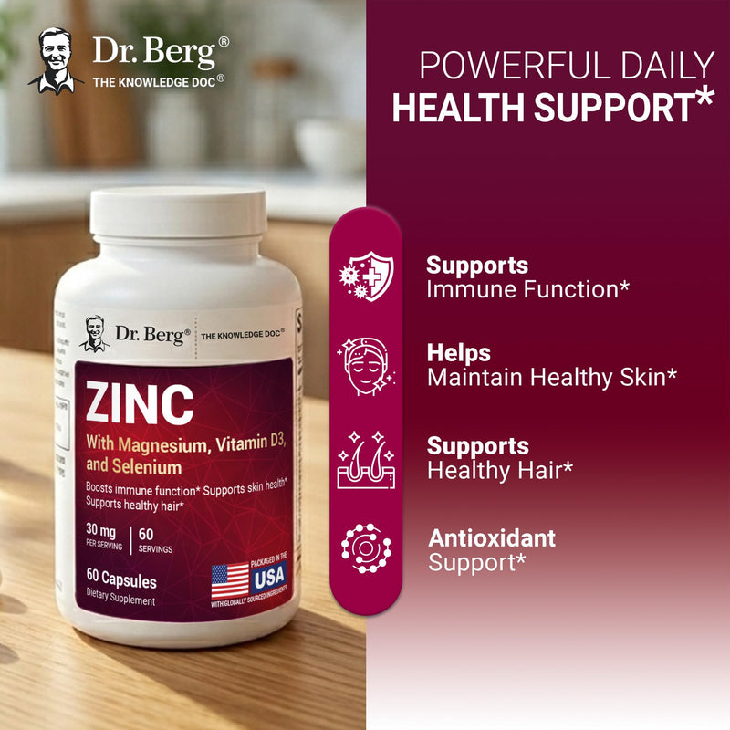 Dr. Berg Zinc 30 mg (60 Capsules) – High Potency 7-in-1 Immune Support Formula – Chelated Zinc with Vitamin D & Selenium for Healthy Skin, Hair & Daily Wellness – No Fillers, 4X Tested* 60 Count (Pack of 1)