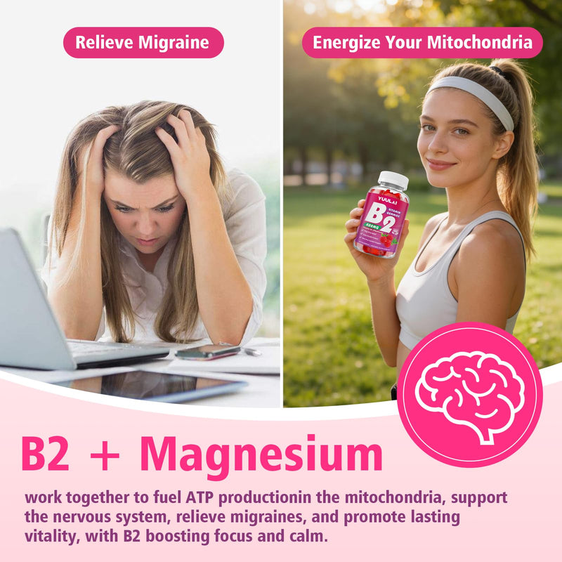 Vitamin B2 Gummies 400mg | Riboflavin Supplement with Magnesium for Kids & Adults, B2 Gummies for Migraine Relief, Nervous System & Skin Health, Vegan, Sugar-Free, Raspberry Flavor, 60 Count 60 Count (Pack of 1)