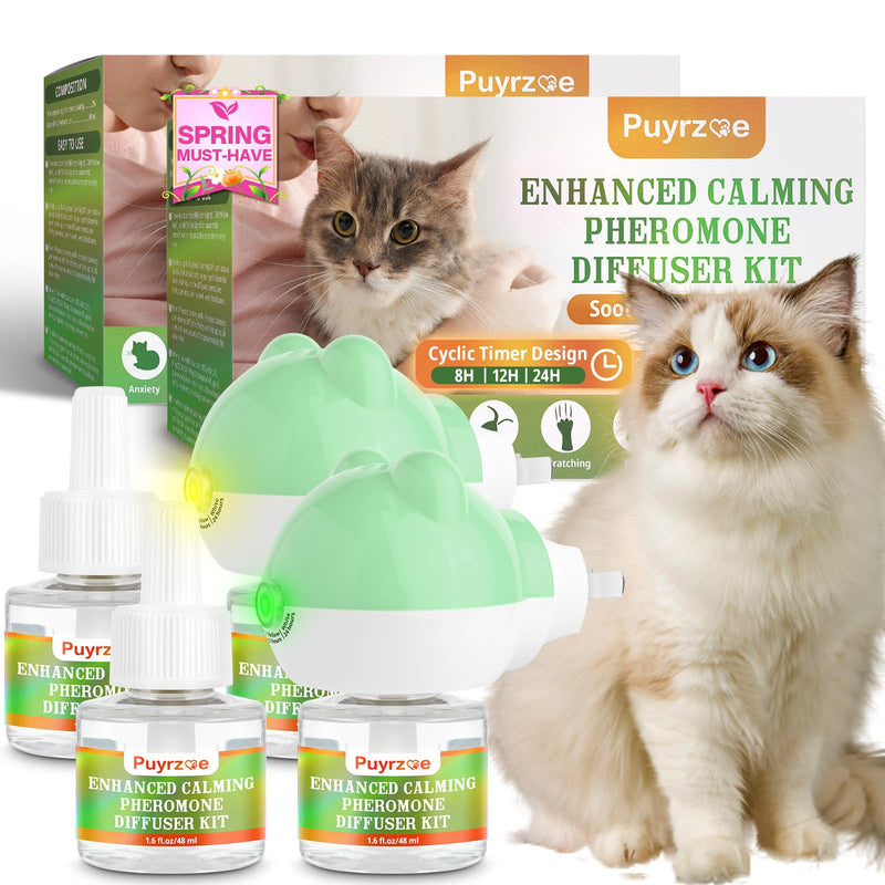 puyrzoe Cat Calming Diffuser with 3 Timing Functions, 6-in-1 Cat Pheromones Calming Diffuser Kit, 120-Day Anxiety Relief, Stress Reduction & Relaxation for All Cats (2 Diffusers + 4 Refills) 2 Diffuser + 4 Refill