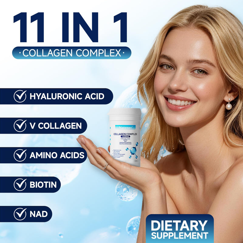 11 in 1 1008mg Collagen Complex Proprietary Blend with Type V Collagen, Biotin, Hyaluronic Acid - Multi Collagen Capsules for Women Men Supports Skin, Joints, Hair & Nails, 60 Capsules