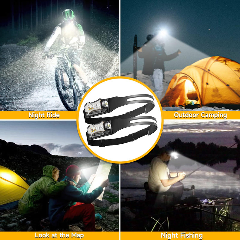 Headlamp Rechargeable 2PCS, 230° Wide Beam Detachable Headlamp Flashlight, LED Headlight Motion Sensor, 9 Mode for Outdoor Camping Fishing Running Hiking
