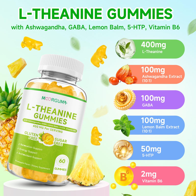 L-Theanine Gummies, 400mg l'theanine Chewable Supplement with Ashwagandha, GABA, Lemon Balm, 5-HTP, Vitamin B6, Support Zzz, Relax & Emotion, Vegan, Non-GMO, Sugar Free, Pineapple Flavor, 120 Count