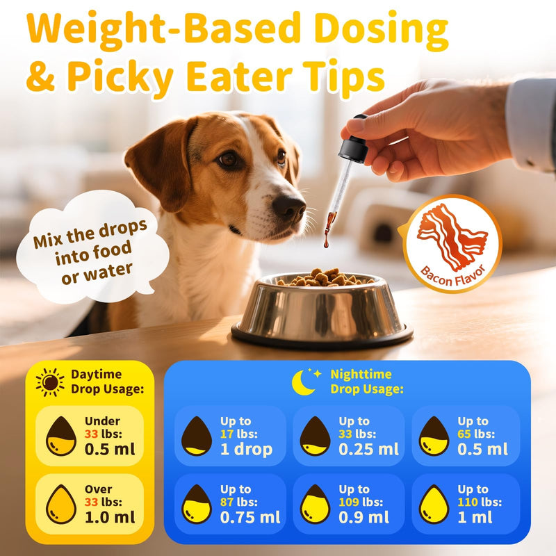 Calming Melatonin Drops for Dogs, Day & Night Dog Calming Treat for Anxiety, Separation, Stress, Travel, Relaxation & Sleep Support, Bacon Flavor, 2 Fl Oz