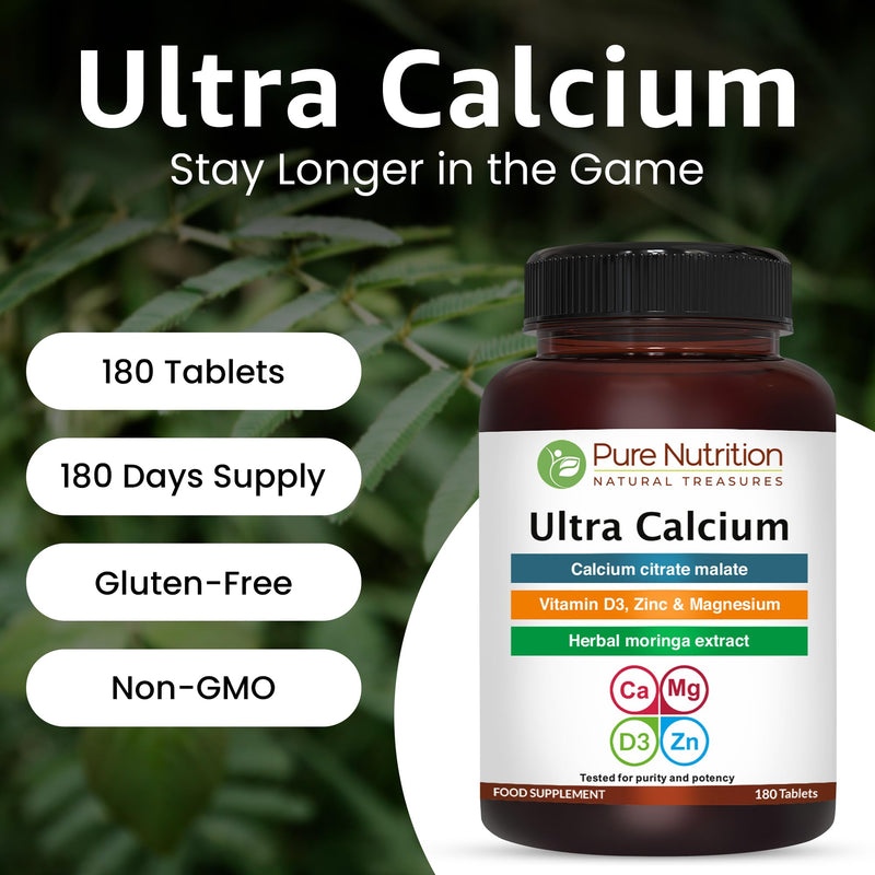 Pure Nutrition Ultra Calcium Citrate 1000mg Highly absorbable Calcium Supplement with Calcium Citrate Malate, Vitamin D, Zinc and Magnesium - 1 Tablet Daily (180 Veg Tabs) Non-GMO | Gluten-Free 1 Count (Pack of 1)