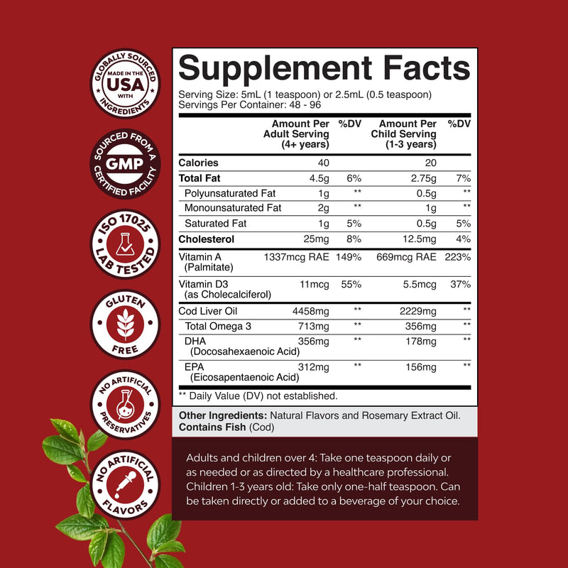 Icelandic Wild Caught Cod Liver Oil Liquid - Fish Oil Drops with Omega 3, EPA, DHA, Vitamin D & A - Liquid Cod Liver Supplement for Heart, Joint, Brain & Immune Support - 8 Fl Oz 240ml (Pack of 1)