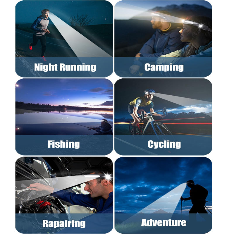 Headlamp Rechargeable 2PCS, Waterproof Head Light Flashlight, 2 XPE LED and COB LED Head Lamp, 260° Wide Beam Head Lamp, 6Mode Headlamps for Adults, Camping essentials, Fishing, Repairing, Running Black