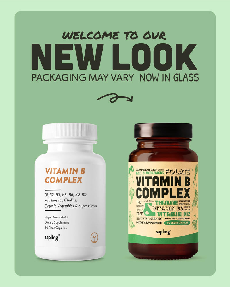 sapling Vegan Vitamin B Complex - Whole Food Blend with Essential B Vitamins B1, B2, B3, B5, B6, B7, Folate, B12-60 Caps