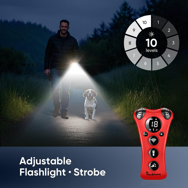 PawBehave Ultrasonic Dog Bark Deterrent Device –10-Level Adjustable Anti Barking Trainer with Flashlight, Strobe, E-Clicker(18 Whistle Sounds)–No Shock, Collar-Free Dog Behavior Correction Devices Red