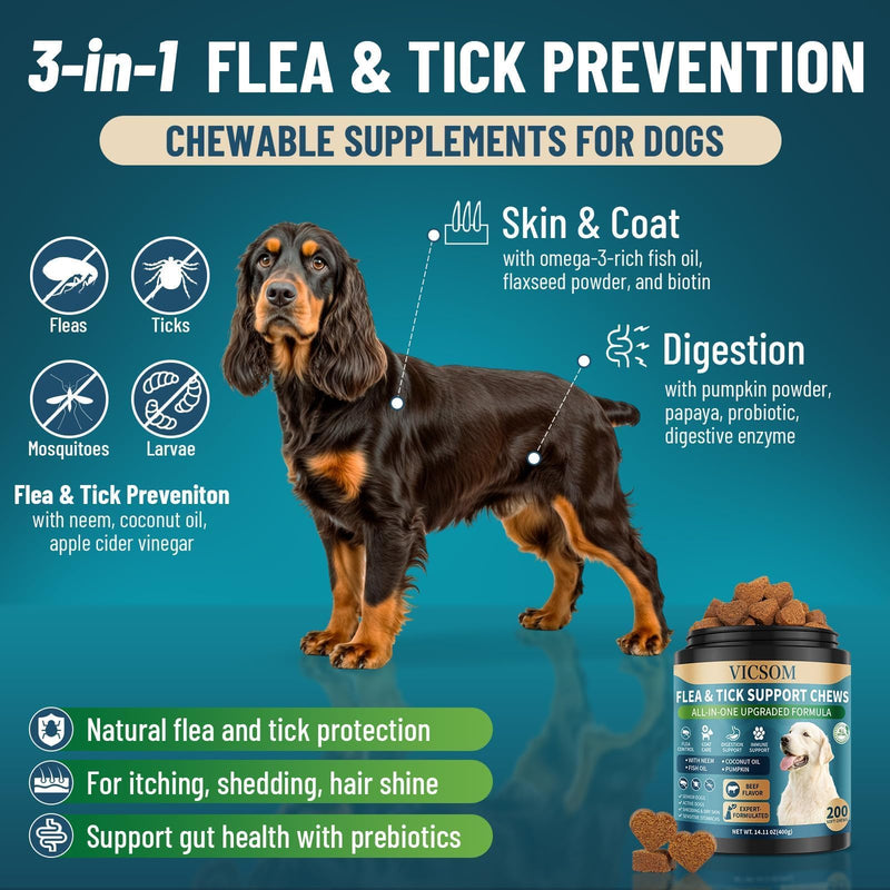 Natural Flea and Tick Prevention Chewables for Dogs & Natural Flea and Tick Prevention Drops for Dogs - 200 Chews & 60ml, Skin & Coat Support, and Flea Protection