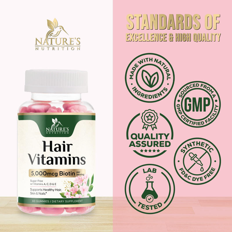 Hair Vitamins Gummies with Biotin 5000 mcg Per Serving - Extra Strength Hair Growth Support Vitamin E & C - Stronger Radiant Hair, Skin & Nails Supplement - Hair Growth Support Gummy - 60 Gummies 60 Count (Pack of 1)