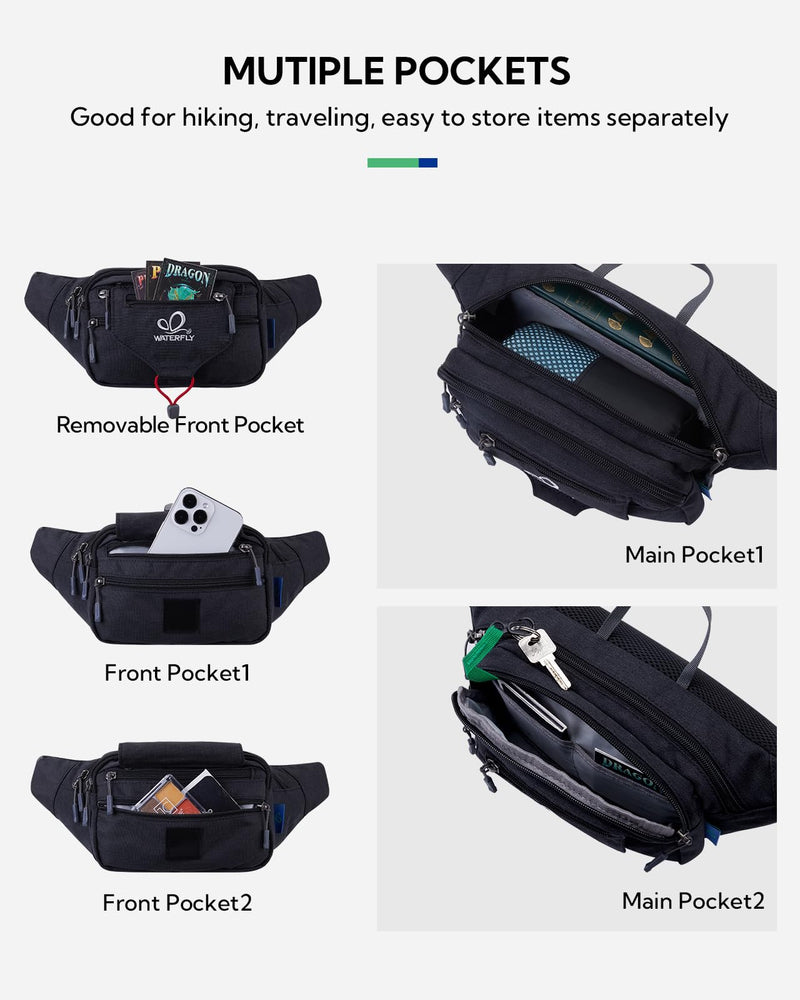 WATERFLY Running Belt Fanny Pack: Runner Marathon Jogging Waist Pack Sport Workout Exercise Fitness Phone Holder Belt for Men Women Jogger Slim Waistband Black Black with Peacock Blue Panel