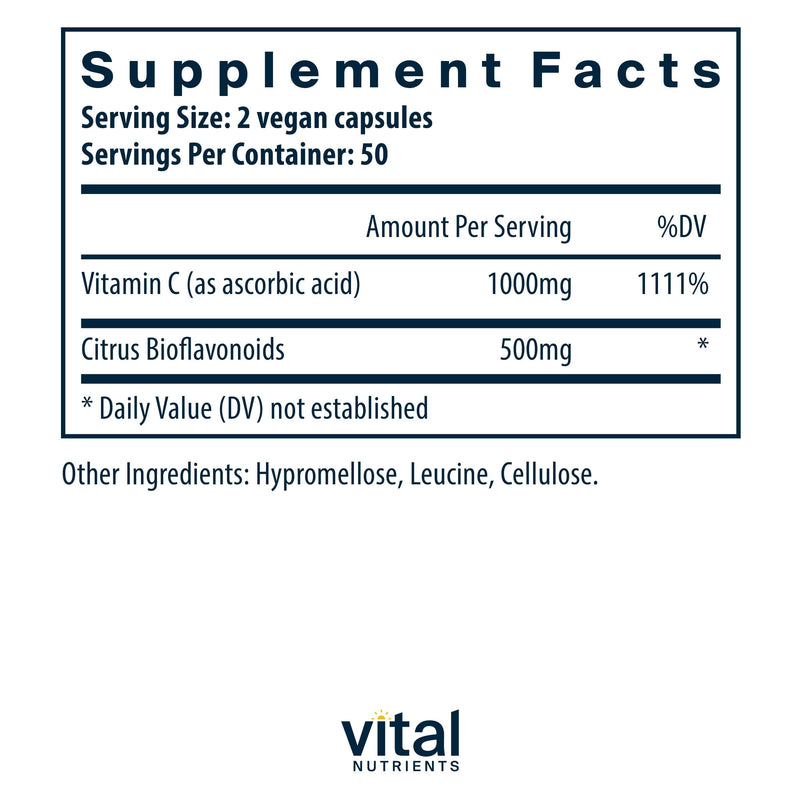 Vital Nutrients Vitamin C with Bioflavonoids - Vegan Supplement for Immune Support* - 1000mg Vitamin C and 500mg Citrus Bioflavonoid - Gluten, Dairy and Soy Free - Non-GMO - 100 Capsules 100 Count (Pack of 1)