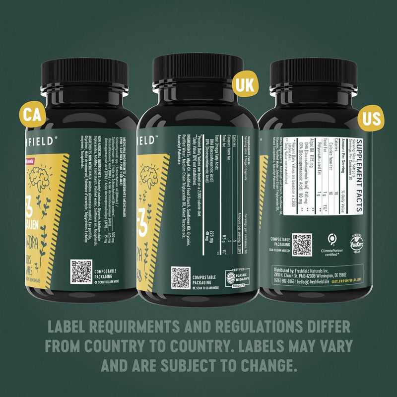 Freshfield Vegan Omega 3, Algae (Algal) Oil, Fish Oil Free Company, Third Party Tested, Carrageenan Free, DHA Supplement w/DPA, Plant Based Omega. Supports Heart, Brain, Joint Health. Lemon Scent Daily DHA 180 Count (Pack of 1)