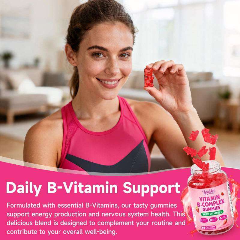 Vitamin B-Complex Gummies for Women & Men, Strawberry Flavor, 60 Count | Methyl B12, B1, B2, B3, B5, B6, B7 & B9 - Vitamin B Complex with Vitamin C for Energy, Brain & Immune Support 60 Count (Pack of 1)
