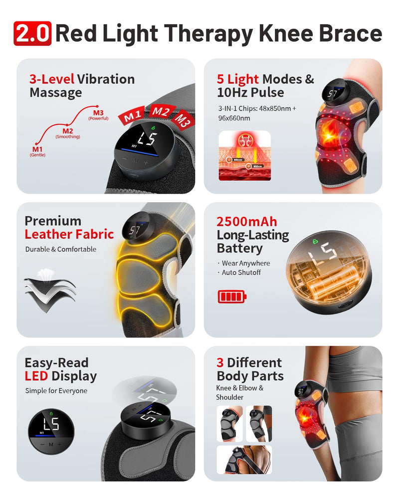 Upgraded PRO Red Light Therapy Knee Brace & 4 Vibration Massage - Rechargeable Controller, 660nm&850nm Red Light Therapy Heated Device for Knee/Elbow/Shoulder Upgraded Knee - BeesActive Australia
