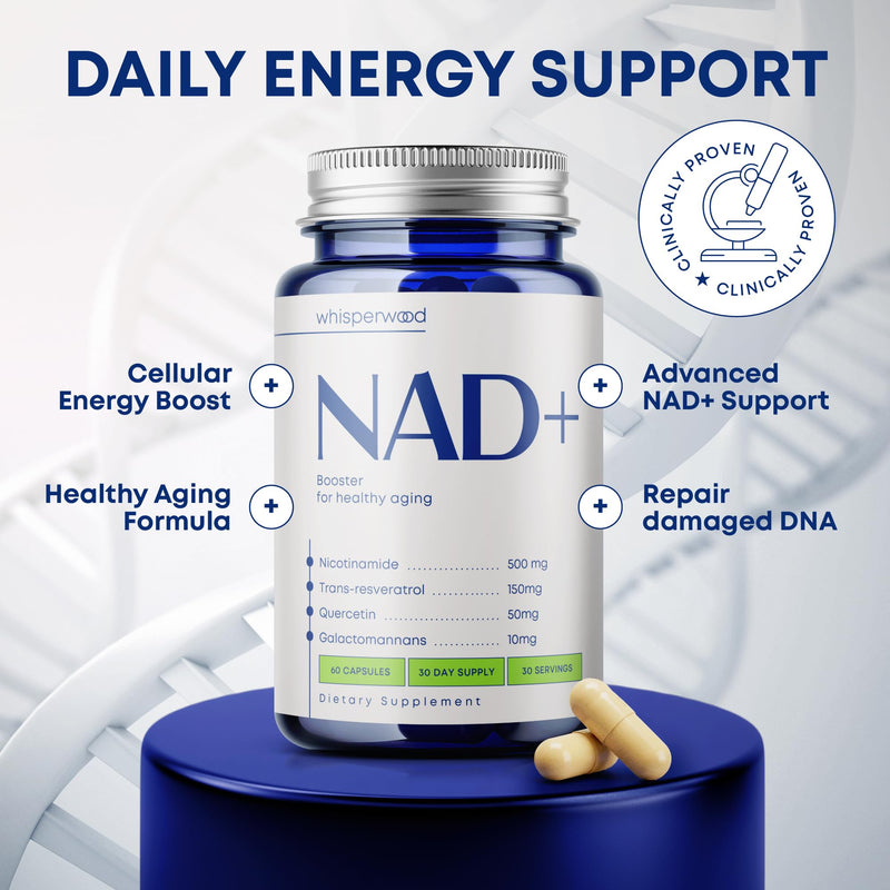 NAD+ Supplement with Nicotinamide Riboside, Trans Resveratrol & Quercetin – NAD Plus Complex for Energy, Brain & Mitochondrial Support – Antioxidant and Longevity Formula for Women & Men – 60 capsules