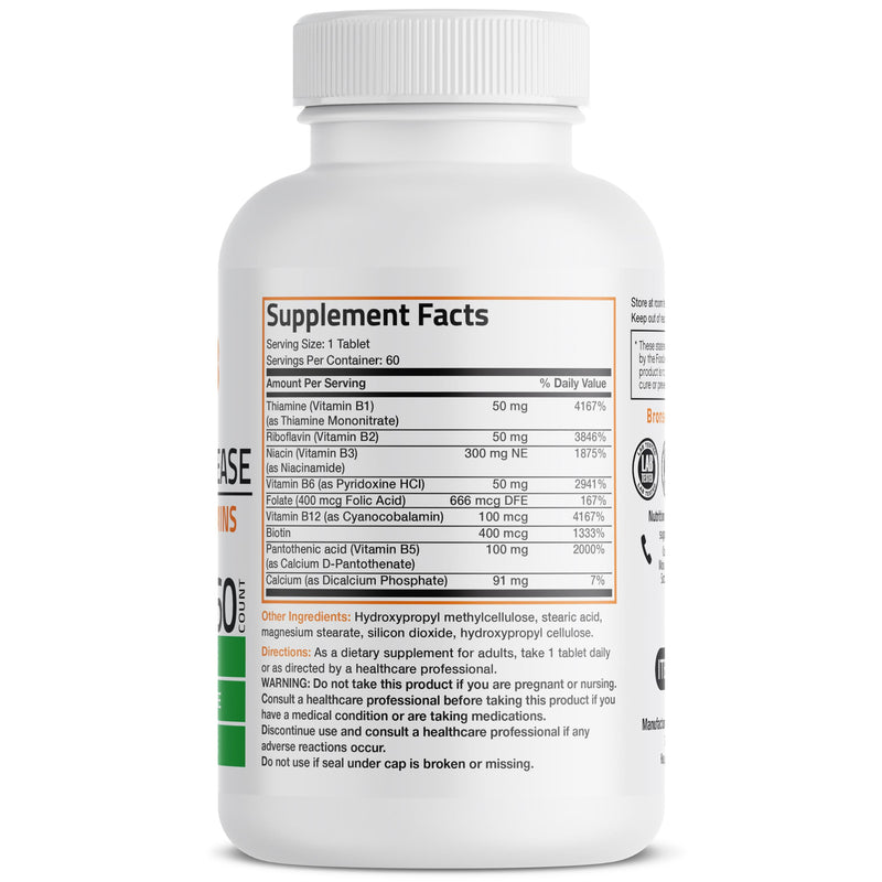 Bronson Super B Vitamin B Complex Sustained Release for Energy, 60 Tablets | B1, B2, B3, B6, Folic Acid, B12, Biotin & Pantothenic Acid, One-Tablet Formula, Non-GMO, Gluten-Free & Soy-Free 60 Count (Pack of 1)