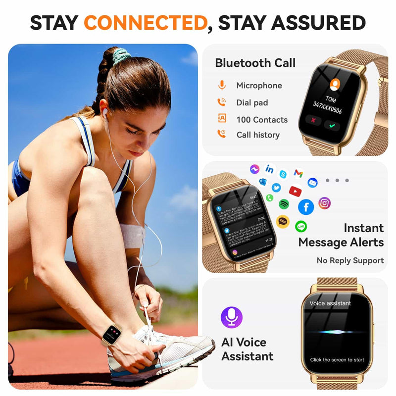 Smart Watch for Women(3 Bands), Smartwatch Fitness Tracker with Bluetooth Calls & AI Voice Control, 1.85’’ HD Screen, Heart Rate/SpO2 Monitor, Sleep Tracker, Compatible with Android iOS (Gold) Gold - BeesActive Australia