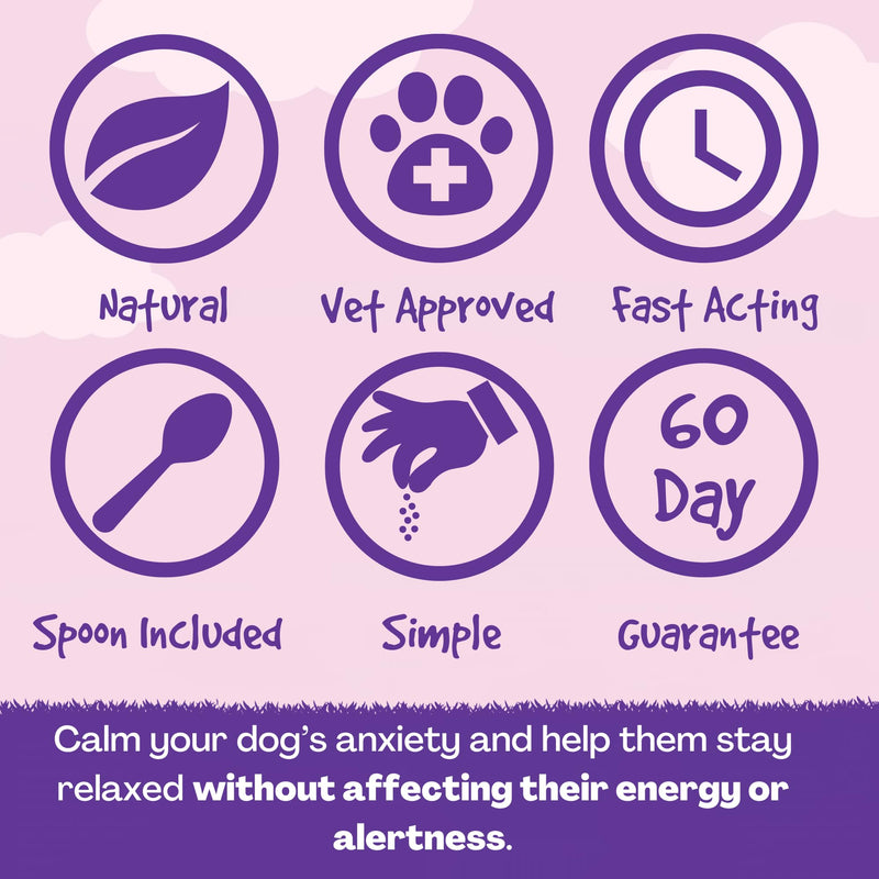 Calm Powder for Dogs - Up to 150 Servings - 130g - Natural Relief for Stress, Reduce Separation Anxiety, Barking, Fear, Reactivity, Travel & Hyperactivity - Calming for All Breeds & Ages Single