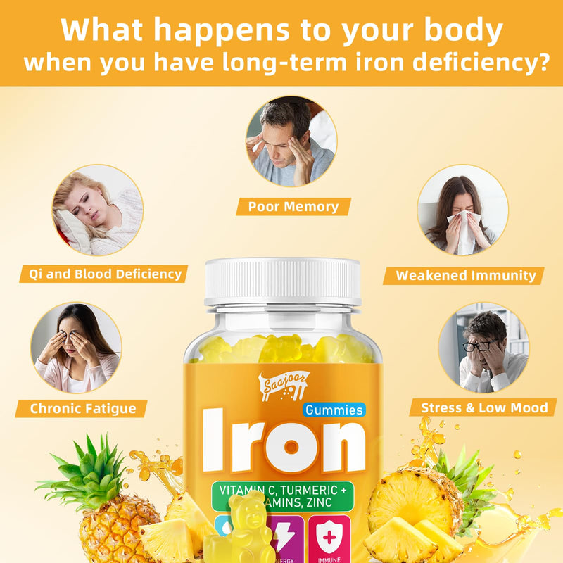 Iron Gummies with Multivitamin for Adults & Kids – Packed with Vitamin B6, B12, C, Zinc, and Folate – for Blood Health & Energy Boost – Pineapple Flavor, Vegan-Friendly, 60 Gummies 1pack