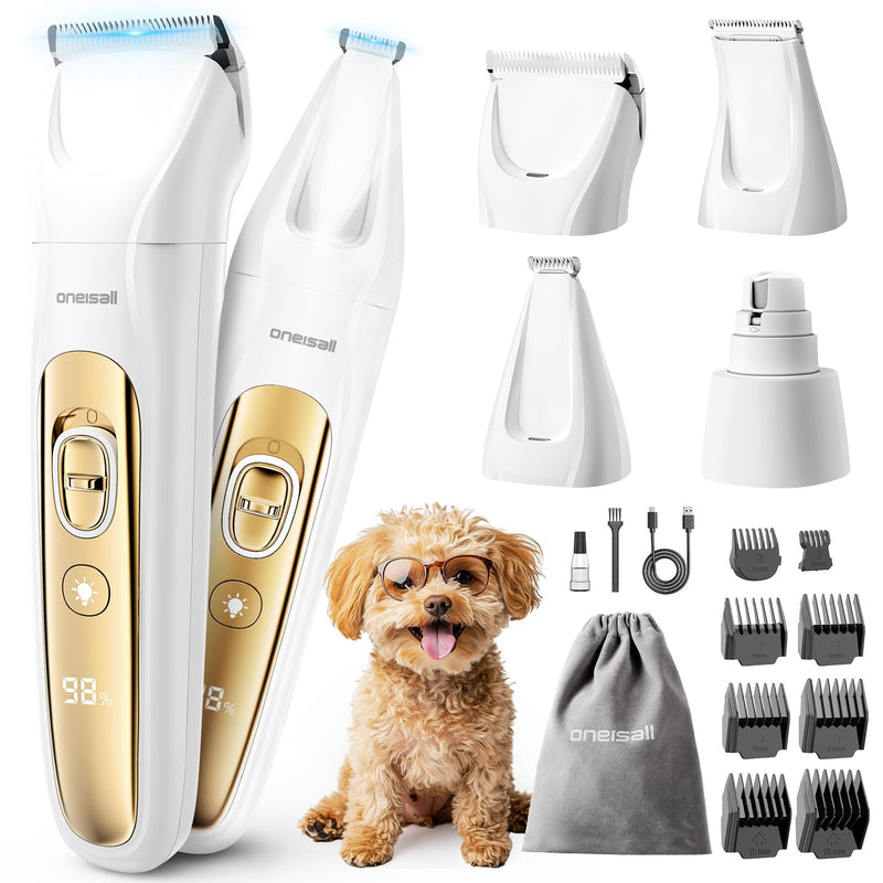 oneisall Quiet Dog Grooming Kit 4 in 1, LED Light Dog Nail Grinder, 2000mAh Pet Grooming Clippers Paw Trimmer for Paw, Nail, Face, Ears, Legs, Body with Storage Bag Gold - BeesActive Australia