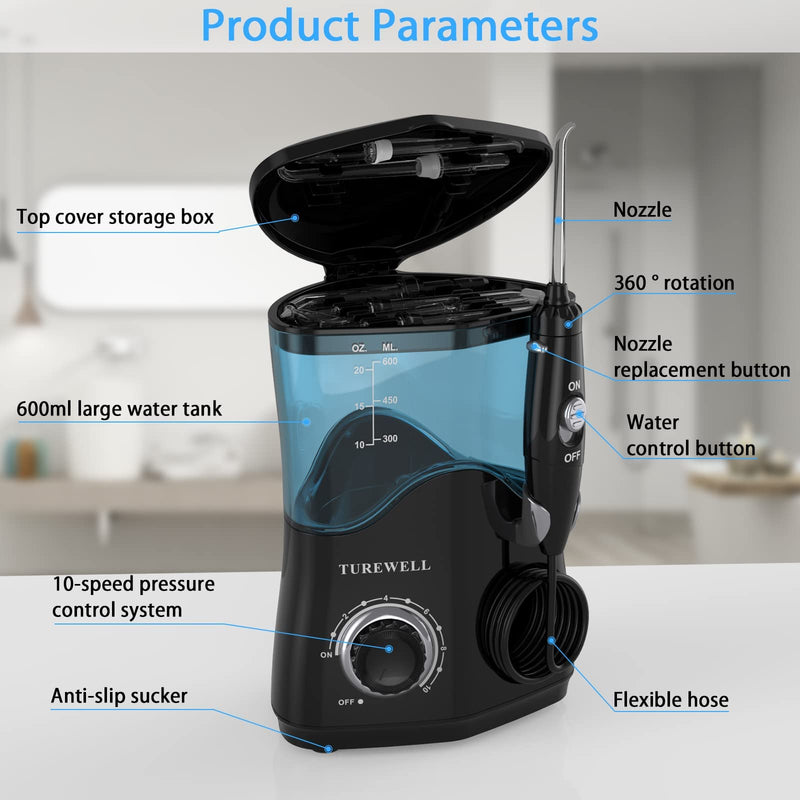 TUREWELL Water Dental Flosser for Teeth/Braces, Water Teeth Cleaner 8 Jet Tips and 10 Pressure Levels, 600ML Large Water Tank Oral Irrigator for Family(Black) Black