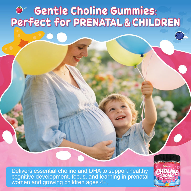 CDP Choline with Omega 3 Gummies 500mg for Kids & Women, 60 Count | Chewable Citicoline Supplement with Vitamins, Prenatal, Brain Health, Liver Support, Focus & Energy, Mixed Berry Flavor