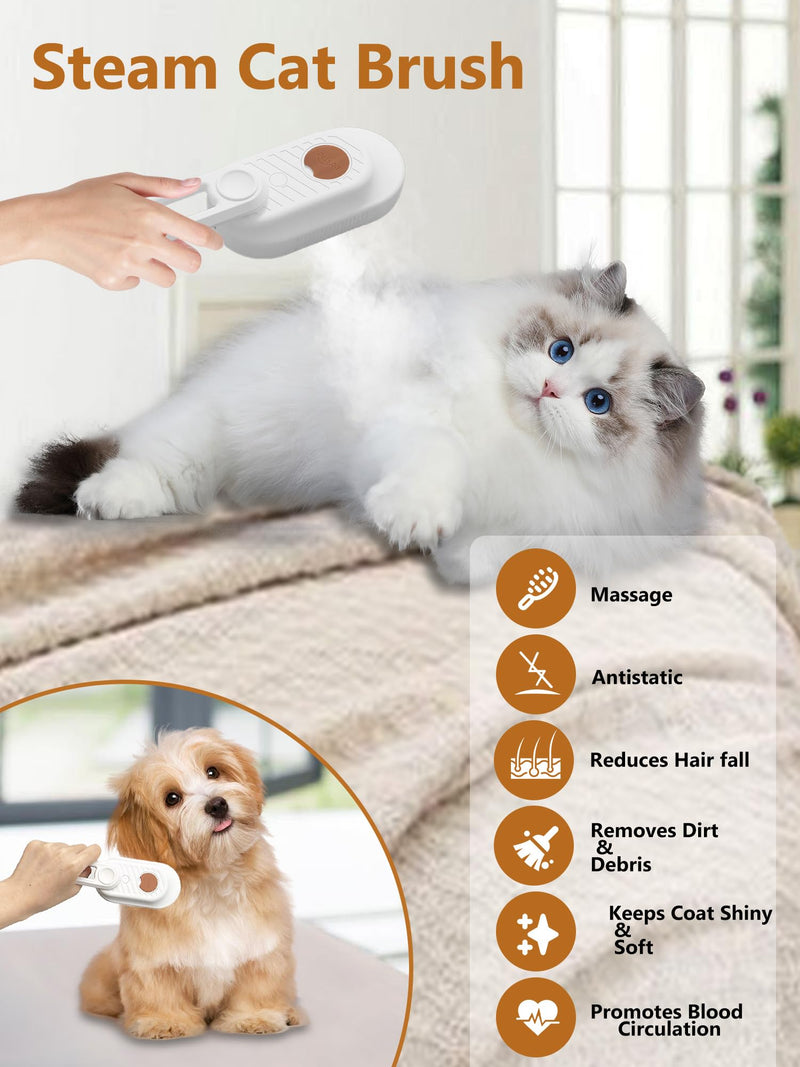 Cat Steam Brush, Rechargeable Steamy Pet Grooming Brush For Shedding, Silicone Water Spray Massage Brush, Cat Hair Removal Brush Self Cleaning Brush Steamer Wet Cat Spa Brush Cat Comb (White) - BeesActive Australia