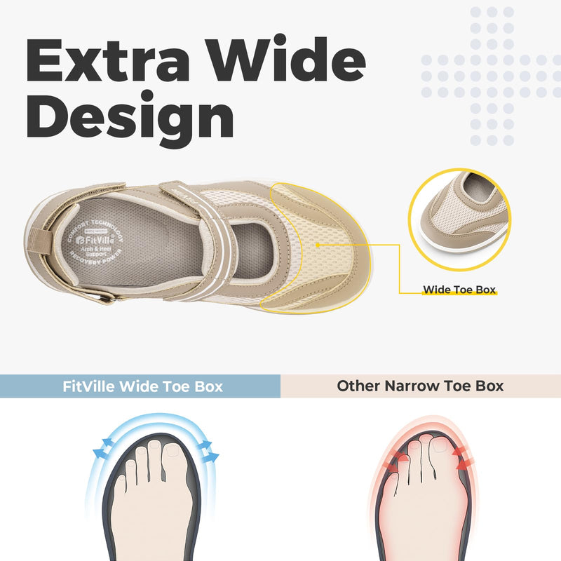 FitVille Diabetic Shoes for Women Extra Wide Width Diabetic Womens Sandals, Walking Shoes with Adjustable Closures Arch Support, Orthopedic Sandals for Flat Feet Heel Pain Relief,Plantar Fasciitis Khaki 8 X-Wide