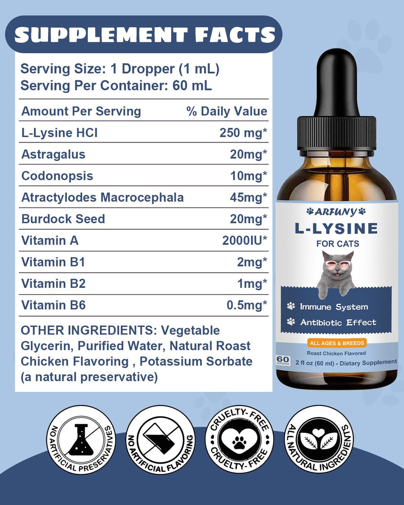 L-ysine Supplement for Cats - Immune Support - 60ML Lysine for Feline Respiratory, Sneezing, Runny Nose, Eye Function - Natural Cat Antibiotic Drops - Roast Chicken Flavor - PawsPlanet Australia