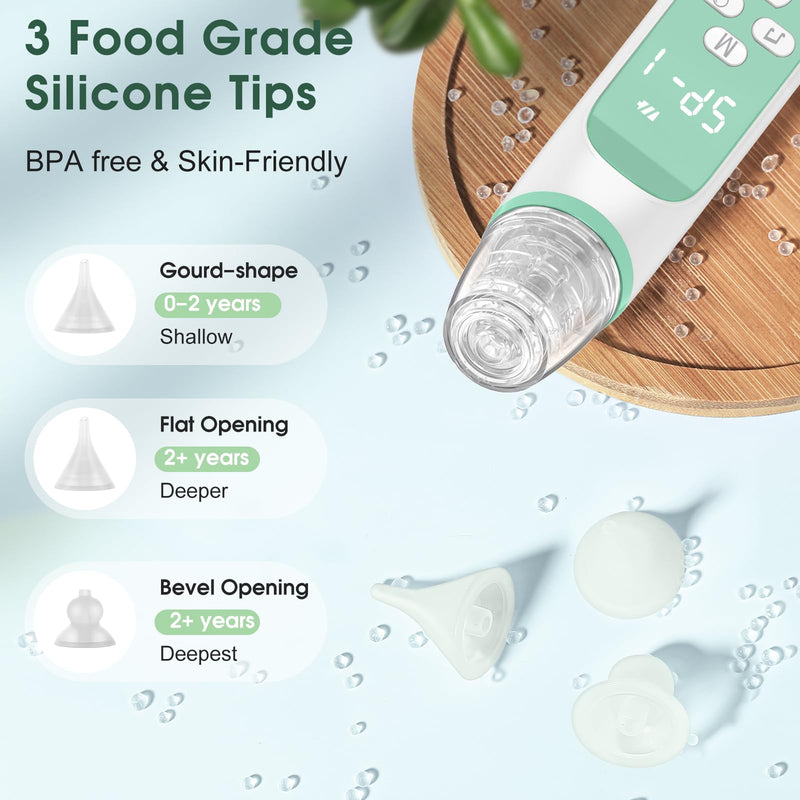 Electric Nose Suction for Baby,Baby Nose Aspirator with 3 Suction Levels and 3 Silicone Tips Fit 0-24 Months Infant ,Soothing Music & Light Distracts Help Toddler During Sick Days,Green. Green