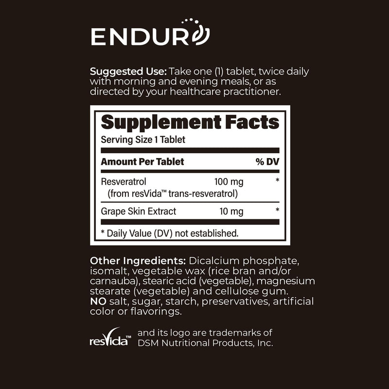 ENDUR - Resveratrol - IR (Immediate Release) Grape Skin 100 mg (150 ct) | 99% pure trans-resveratrol, branded grape extract, vegan and allergen-free, easy-to-swallow tablet