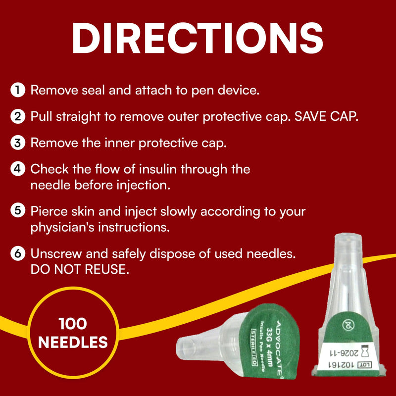 Diabetic Pen Needles 33g 4mm, Extra Lubricated, Tri-Bevel Insulin Needles, Universally Compatible with Insulin Pens for Diabetes Care, Box of 100 33G x 4mm