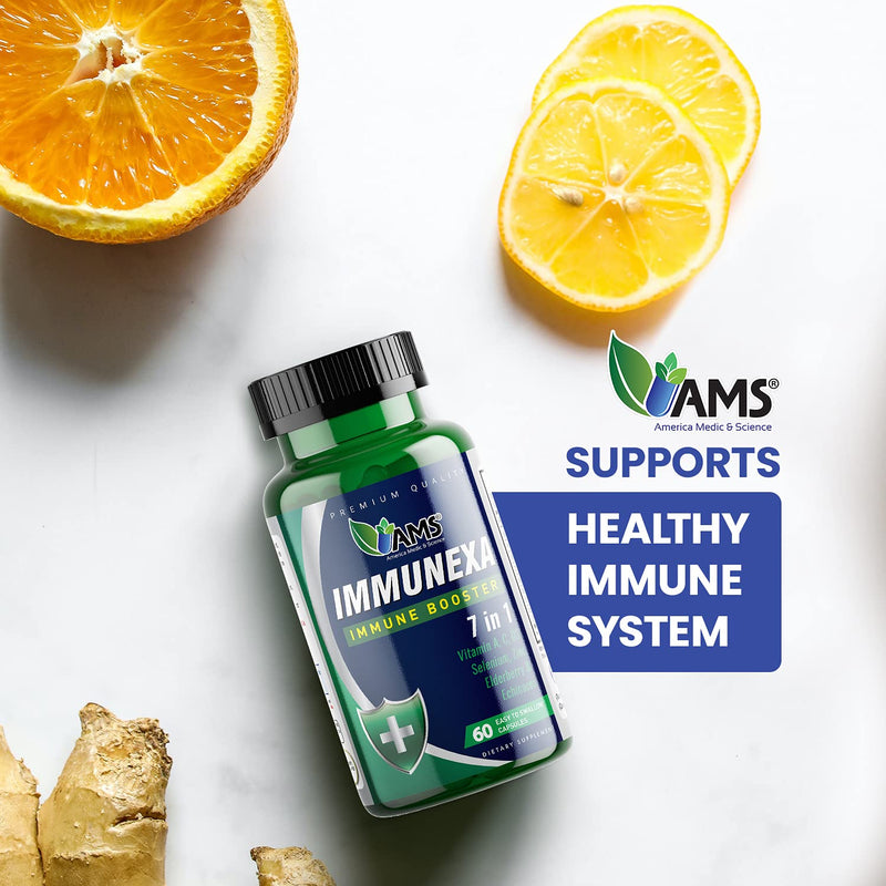 America Medic & Science Immunexa 7 in 1 Immune Support Booster (60 Capsules) with Vitamin A, C, D, Zinc, Echinacea, Elderberry | Adults Immunity Boosting Supplement | Natural, Non-GMO & Gluten-Free 1 Count (Pack of 60)