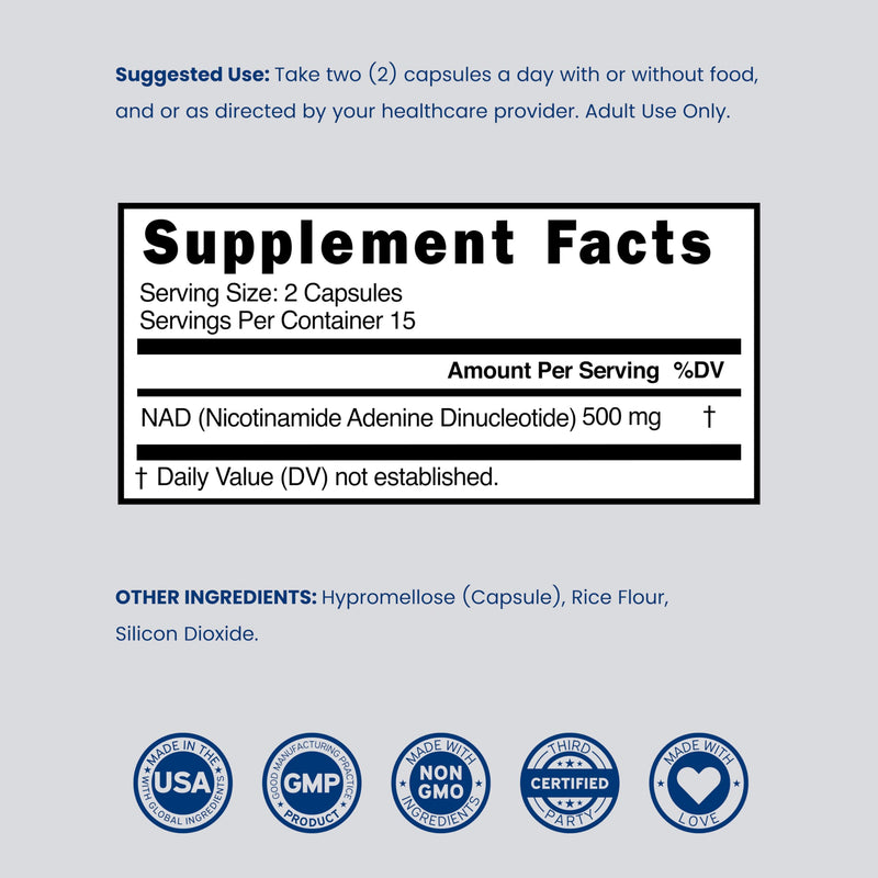 NAD Supplement (500mg of 95% Pure NAD+ Per Serving) NMN Supplement, NAD Nicotinamide Riboside Support (Third Party Tested, Vegan Safe, Non-GMO, No Fillers, & Made in the USA - 30 Vegan Capsules) 30 Count (Pack of 1)