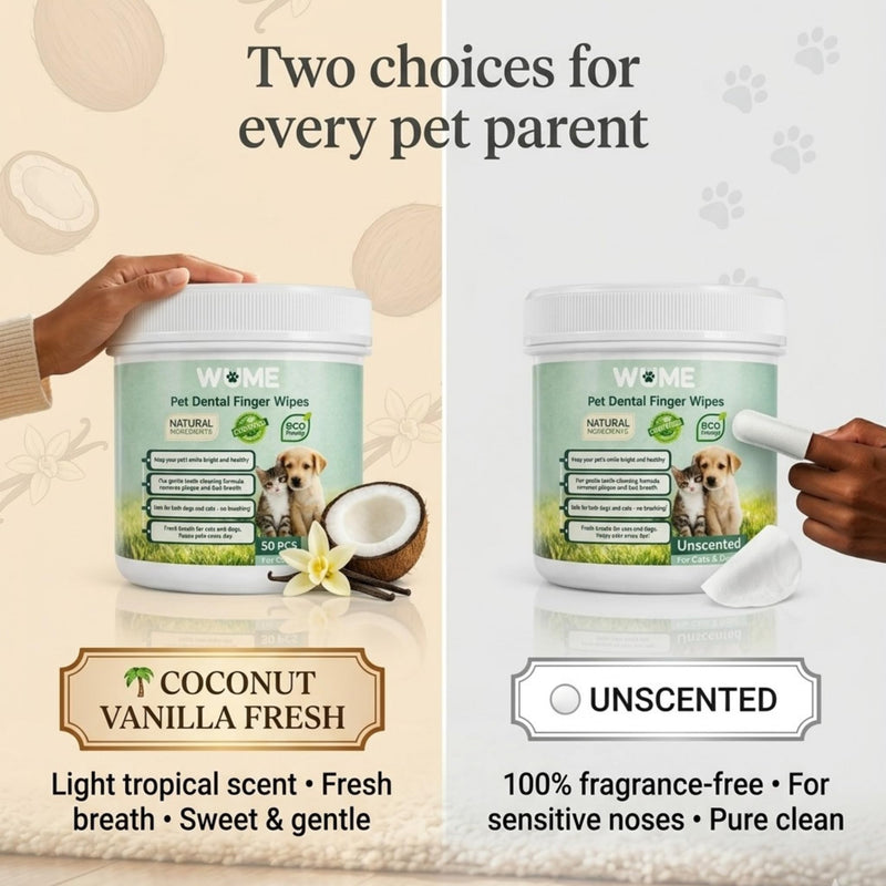 WUME Pet Dental Finger Wipes for Dogs & Cats Vet-Inspired Teeth Cleaning Wipes, Toothbrush Alternative, Gentle, Alcohol-Free, Disposable, 50 Counts Unscented