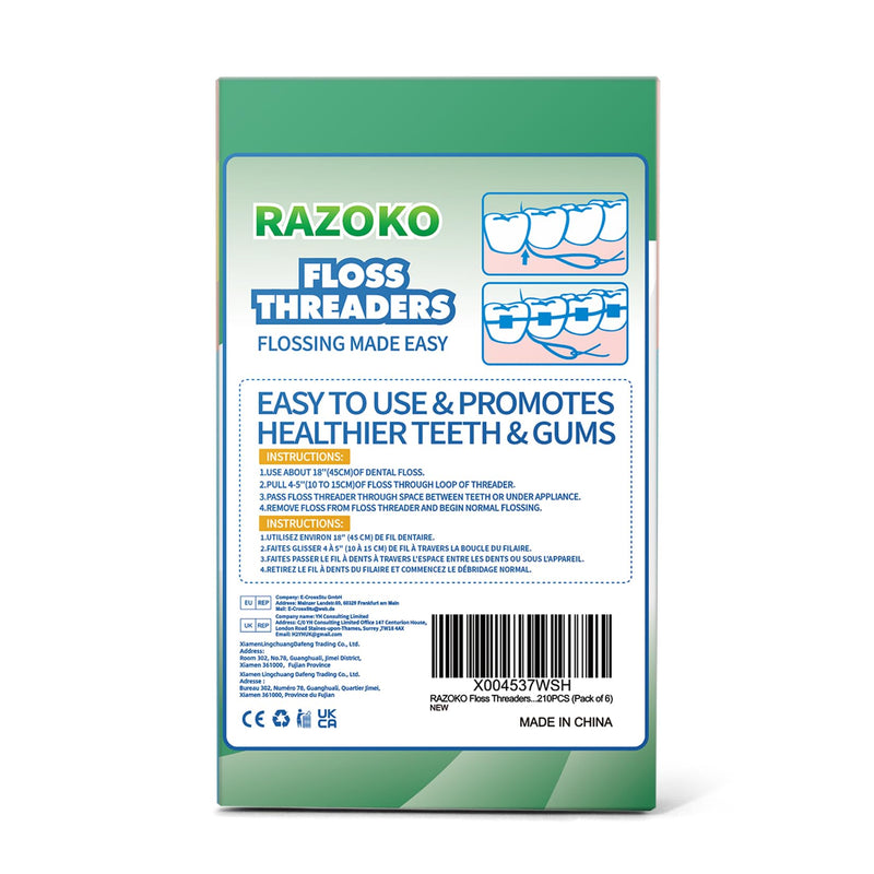 RAZOKO Floss Threaders | Dental Floss Threaders for Braces, Bridges, and Implants |210PCS (Pack of 3) 70 Count (Pack of 3)