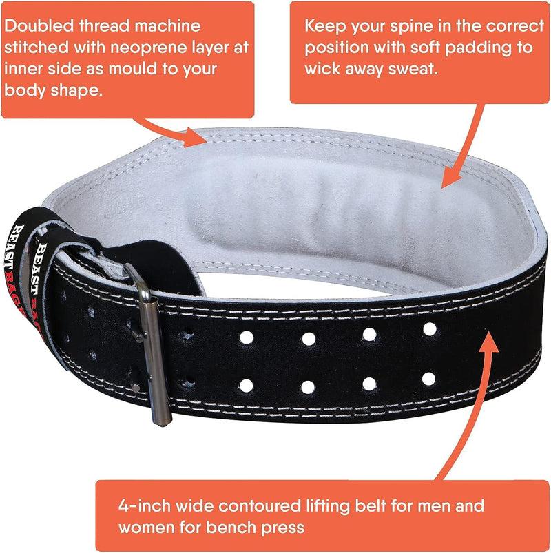 BEAST RAGE Weight Lifting Belt Leather Heavy Duty Gym Body Building Workout Training Weight Lifting Belt Adjustable Holes 4” Padded Lumbar Back Support Exercise Powerlifting Fitness Strength… L Black