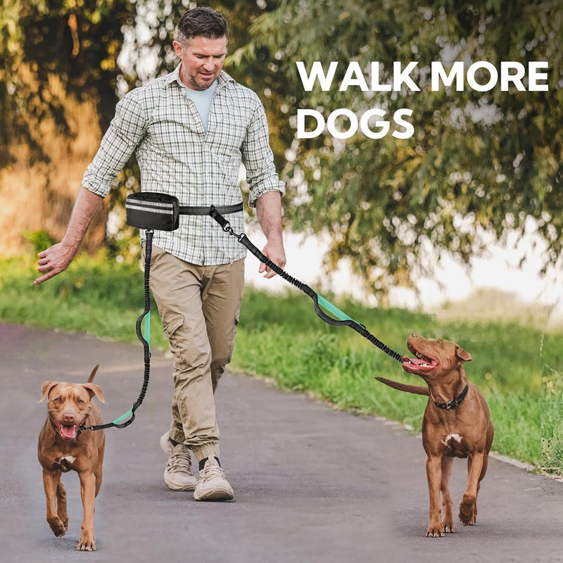 Hands Free Dog Leash with Pouch, Retractable Bungee, Double Padded Handles for Walking, Waist Leash for Medium & Large Dogs, Walking Accessories (Black Mint Green, 2 Leashes) Black mint green