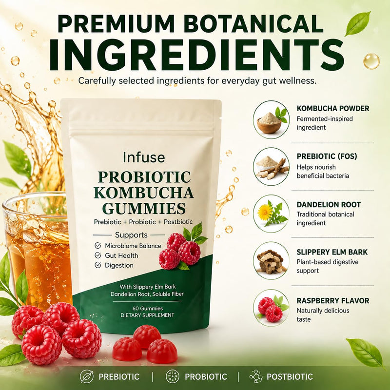 Kombucha Gummies, with Kombucha, Prebiotic & Dandelion Root, Daily Wellness Support, Daily Gut Health & Digestive Comfort Support, Sugar Free, Raspberry Flavor, 60 Gummies 1
